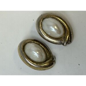Vintage 925‎ Sterling Silver Clip-On Earrings Faux Pearl Oval Statement Signed